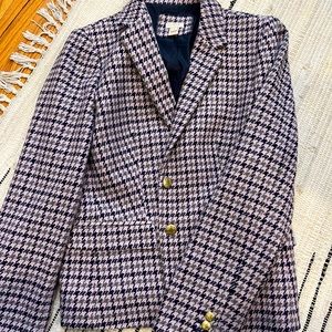 J. Crew pink plaid fitted blazer with gold buttons
